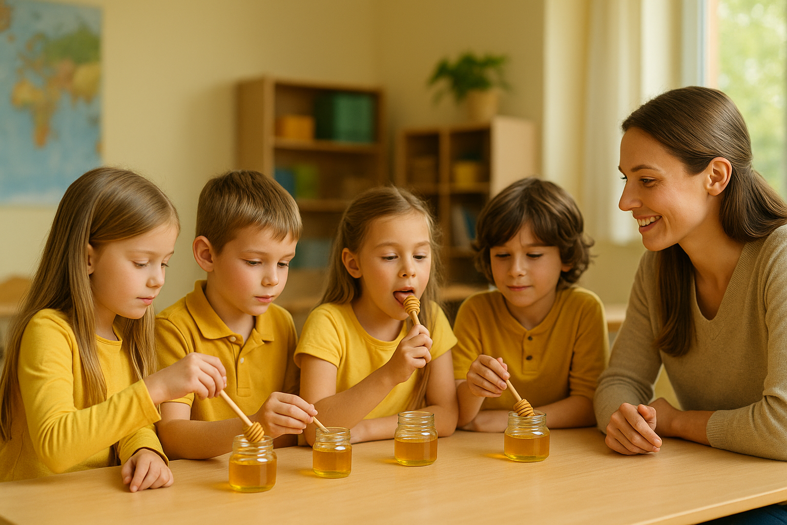 Dégustation de différents miels sur une table.