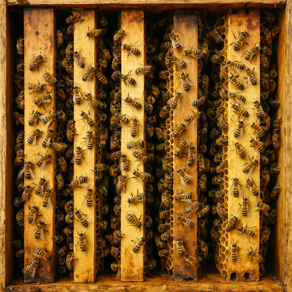 Intérieur d'une ruche avec des cadres de cire et des abeilles.