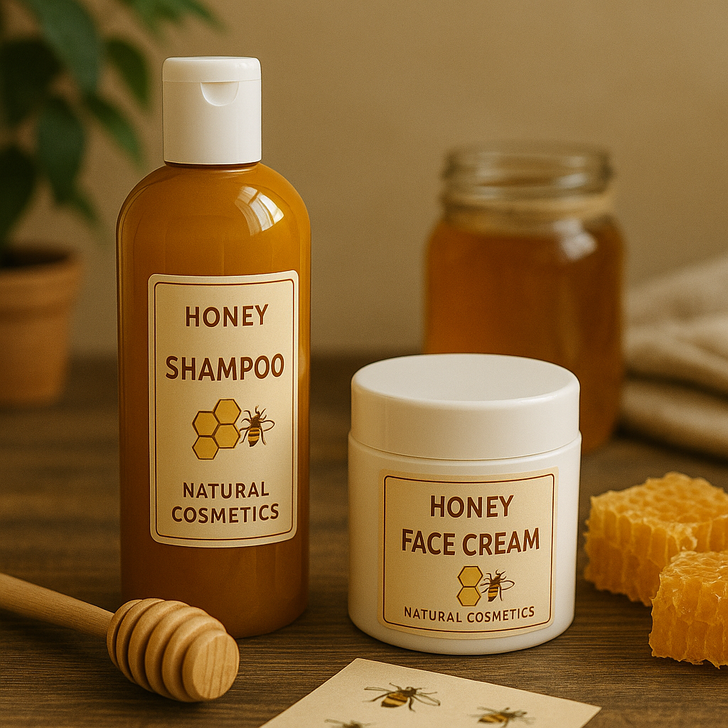 Flacon de shampoing au miel posé sur une serviette.